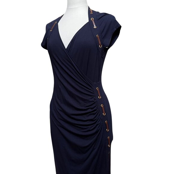 Carmen Navy Blue Faux Wrap Dress‎ Stretch Side V Neck Shirred Grommet Lacing Lg - Picture 1 of 9